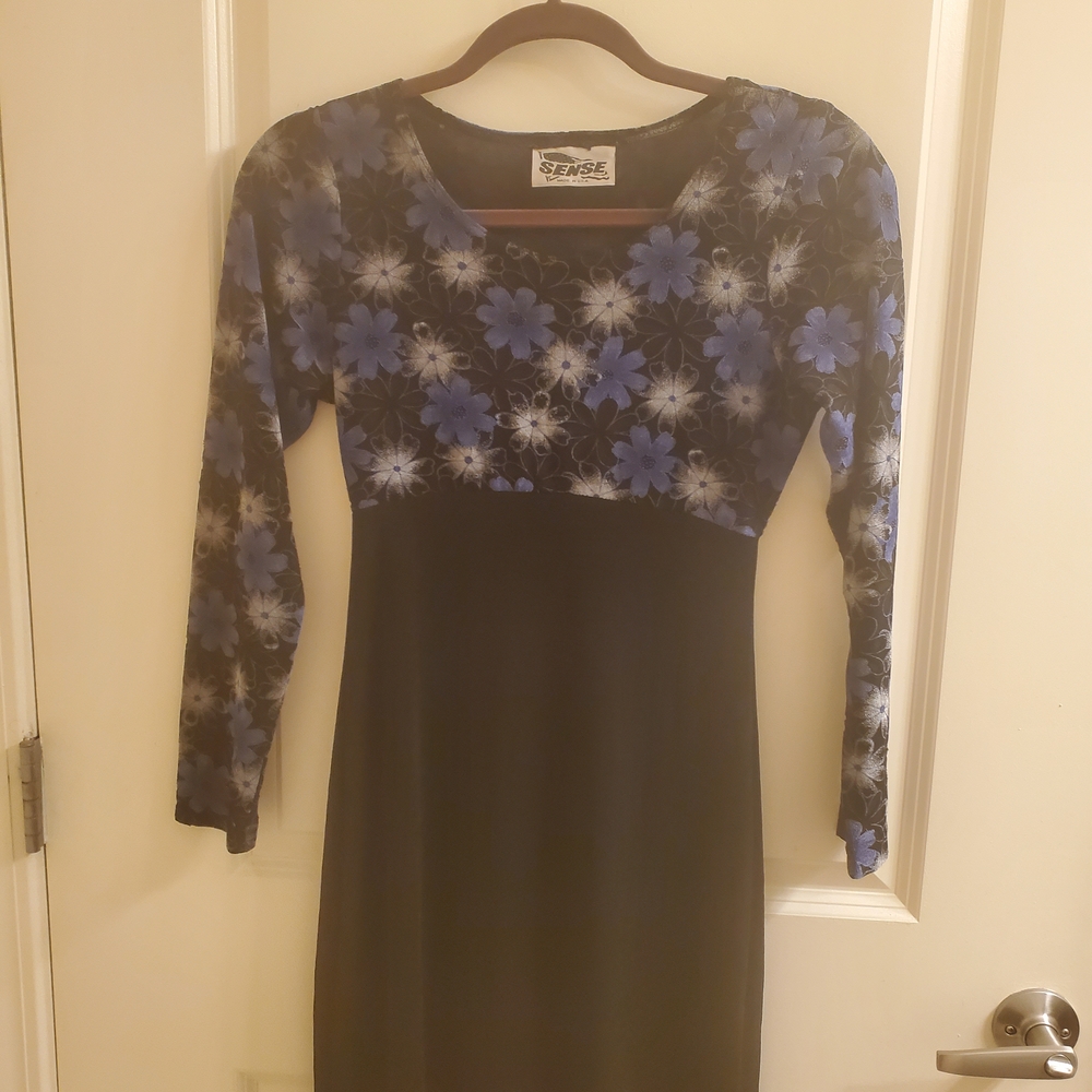 Spense Black Dress with Blue Floral Design